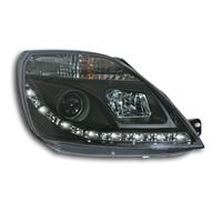 Headlights, DRL design, Ford Fiesta 11.01-07, xenon-look lense, built-in indicator, levelling control with motor, clear/black