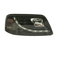 Scheinwerfer, Tagfahrlicht Design, VW T5 Bj. 03-, Xenon-Optik-Linse, inkl. Blinker, LWR inkl. Motor, Klarglas / schwarz