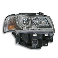 Scheinwerfer, Tagfahrlicht Design, VW T4 Bj. 96-03, Xenon-Optik-Linse, inkl. Blinker, Vorbereitung f�r elek. LWR, Klarglas / chrom
