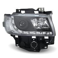 Scheinwerfer,  Tagfahrlicht Design, VW T4 Bj. 96-03, Xenon-Optik-Linse, inkl. Blinker, Vorbereitung f�r elek. LWR, Klarglas/schwarz