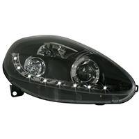 Scheinwerfersatz Fiat Punto 05-09, Tagfahrlicht Design, Klarglas/schwarz, Projekt.,  inkl. Blinker, mit Motor