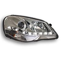 Scheinwerfer, Tagfahrlicht Design, VW Polo 9N3 Bj. 05-09, Xenon-Optik-Linse, Klarglas/chrom,  inkl. Blinker, LWR inkl. Motor (ersetzt Valeo Scheinwerfer)