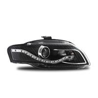 Phares avant, Audi A4 04-08 + Cabrio 05-, design feux diurnes, aspect x�non, clignotant int�gr�, avec correcteur de port�e lumineuse, face lisse/ fond noir