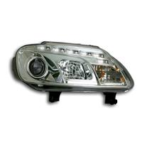 Scheinwerfer, Tagfahrlicht Design, VW Touran Bj. 03-05, Caddy Bj. 05- , Xenon-Optik-Linse, inkl. Blinker, mit LWR, Klarglas/chrom,
