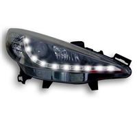 Scheinwerfer, Tagfahrlicht Design, Peugeot 207  Bj. 06-, Xenon-Optik-Linse, LWR inkl. Motor, Klarglas/schwarz