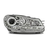 Scheinwerfer, integriertes Tagfahrlicht R87 Zulassung, VW Golf 6 Bj. 08-, Xenon-Optik-Linse, Standlichtring, inkl. Blinker, LWR mit Motor, Klarglas/chrom