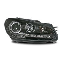 Scheinwerfer, integriertes Tagfahrlicht  R87 Zulassung, VW Golf 6 Bj. 08-, Xenon-Optik-Linse, Standlichtring, inkl. Blinker, LWR mit Motor, Klarglas/schwarz