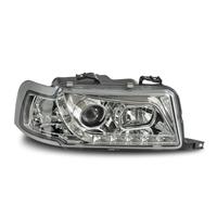 Scheinwerfer, Tagfahrlicht Design, Audi 80 Bj. 91-95, Xenon-Optik-Linse, inkl. Blinker, mit LWR, Klarglas/chrom
