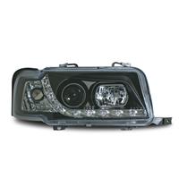Scheinwerfer, Tagfahrlicht Design, Audi 80  Bj.91-95, Xenon-Optik-Linse, inkl. Blinker, mit LWR, Klarglas/schwarz