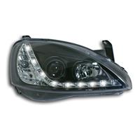 Headlight set, daytime running lights design, Opel Corsa C 01-06, xenon-look lense, incl. indicator and levelling control, clear/black