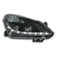 Headlights, daytime running lights design, Opel Corsa D 06-, xenon-look lense, built-in indicator, with levelling control, clear/black