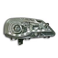 Scheinwerfer, Tagfahrlicht Design, VW Polo Bj. 05-09, Xenon-Optik-Linse, inkl. Blinker, LWR inkl. Motor, Klarglas/chrom