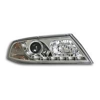 Phares avant, design feux diurnes, Skoda Octavia 05-08, aspect x�non, avec clignotant et correcteur de port�e lumineuse, verre lisse/ fond chrome