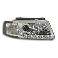 Phares avant, feux diurnes homologu�s R87 int�gr�s, VW Passat 97-00, aspect x�non, clignotant int�gr�, correcteur de port�e lumineuse avec moteur, face lisse/fond chrome
