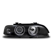 Headlights, AE design, BMW E39 95-00, xenon-look lense, 2 position light rings, built-in indicator and levelling control, clear/black
