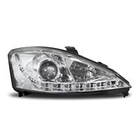 Headlights, DRL design, Ford Focus 1 98-01, xenon-look lense, built-in indicator, levelling control, clear/chrome