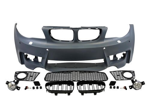Stoßstange vorn incl. Doppelrippen Grill passend für 1er E81 E82 E87 E88 mit Aussparungen PDC / SRA, Sport Paket mit Nelbelscheinwerfer passend für BMW 1er E81, E82, E87 und E88 Bj. 2004 - 2011