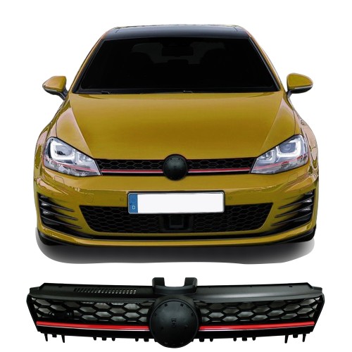 Kühlegrill Kühlergitter, schwarzes Wabengitter mit  Leiste Rot / Chrom für Golf 7 passend für VW Golf 7 ab Baujahr 08.2012-