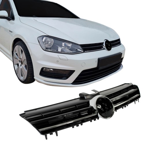 Front Grill badgeless, black glossy with chrome strip R Look with recess for the emblem suitable for VW Golf MK7 year 08.2012 - 2017, for sedan & variant