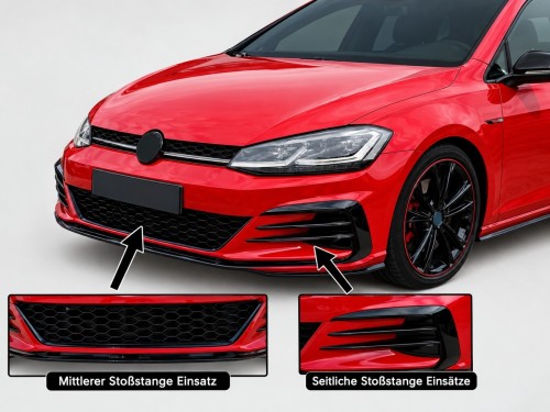 Lower Front Bumper Grille & Trim Set, Black Gloss suitable for VW Golf 7.5 (GTI / GTD) 2017-2020