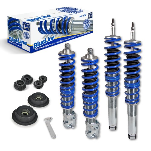 BlueLine Coilover Kit with Domcap Set suitable for VW Golf 3, Vento year 10.91-9.97 (1HXO) and Golf 3 Cabrio (1EXO), except models with four-wheel drive or Variant models