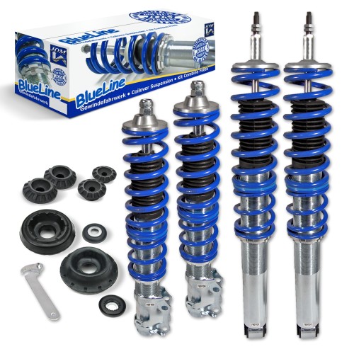 Kit Suspension Combiné Fileté Blueline Réglable en Hauteur - Amortisseurs, Ressorts et Coupelles Avant et Arrière approprié pour VW Golf 3/ Vento 09.94-9.97 (1HXO), Golf 3 Cabrio (1EXO), sauf version Syncro, 4x4 et Break