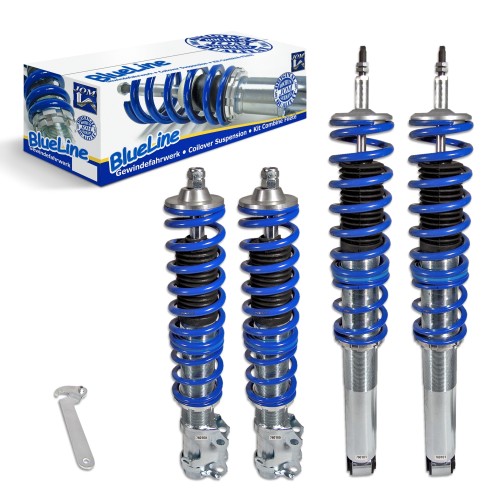 Kit Suspension Combiné Fileté Blueline Réglable en Hauteur - Amortisseurs et Ressorts Avant et Arrière approprié pour VW Golf 2/ Jetta 2 8.83-11.91 (19E) sauf versions 4x4: Rallye, Country et Syncro