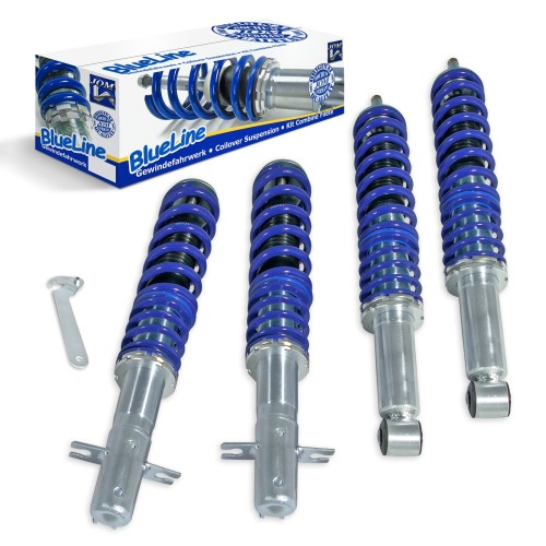 Suspension combiné fileté BlueLine Réglables - Amortisseurs filetés - Tuning Kit Complet - Qualité Allemande approprié pour Compatible av. Polo 6N, Variant -99, Caddy 96-04 Amortisseur AV seulement, Tuning Kit Complet - Qualité Allemande