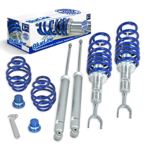 Suspension combiné fileté BlueLine Réglables - Amortisseurs filetés - Tuning Kit Complet - Qualité Allemande approprié pour Compatible av. Passat 3B/3BG (HA jusqu'a 1025kg) Incl. Variant 3.97-05, Sans 4Motion, Tuning Kit Complet - Qualité Allemande