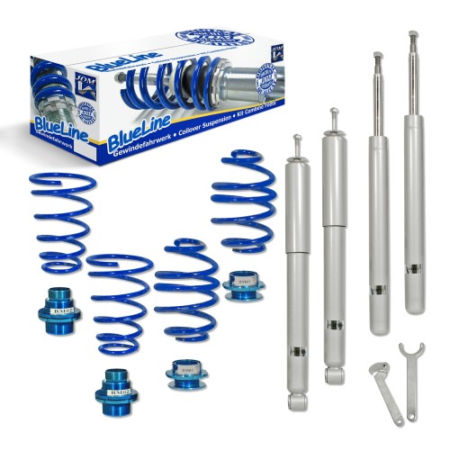 Suspension combiné fileté BlueLine Réglables - Amortisseurs filetés - Tuning Kit Complet - Qualité Allemande approprié pour Compatible av. E30 316/316i/318i/320i/323i/325i/324D/TD, 11.82-1.91, Que pour 51 mm jambe de force à ressort, Tuning Kit Complet - 