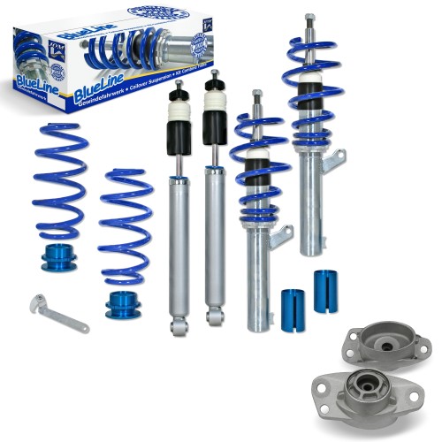 BlueLine Coilover Kit with Domcap Set suitable for Audi A3 (8P) 1.4TFSi, 1.6, 1.8TFSi, 2.0, 2.0T / DSG and 1.9TDi, except vehicle with four-wheel drive