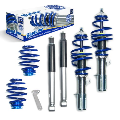 Suspension combiné fileté BlueLine Réglables - Amortisseurs filetés - Tuning Kit Complet - Qualité Allemande approprié pour Compatible av. Corsa C 1.0i 12V/1.2i 16V/1.7Di, 11.01-06, HA Schraube M10, Tuning Kit Complet - Qualité Allemande