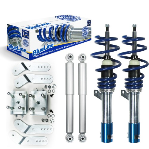 Suspension combiné fileté BlueLine Réglables - Amortisseurs filetés - Tuning Kit Complet - Qualité Allemande approprié pour Compatible av. Caddy 3 (2KA/2KB) 1.2/ 1.6/ 2.0/ 2.0SDi/ 1.6TDi/ 1.9TDi NON pour DSG u. 4-Motion, Ø 50/55 mm, 04-, Tuning Kit Comple