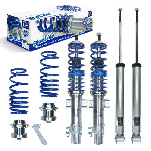 Suspension combiné fileté BlueLine Réglables - Amortisseurs filetés - Tuning Kit Complet - Qualité Allemande approprié pour Compatible av. Up 1.0 NON pour e-up, 2011-2019,  Tuning Kit Complet - Qualité Allemande