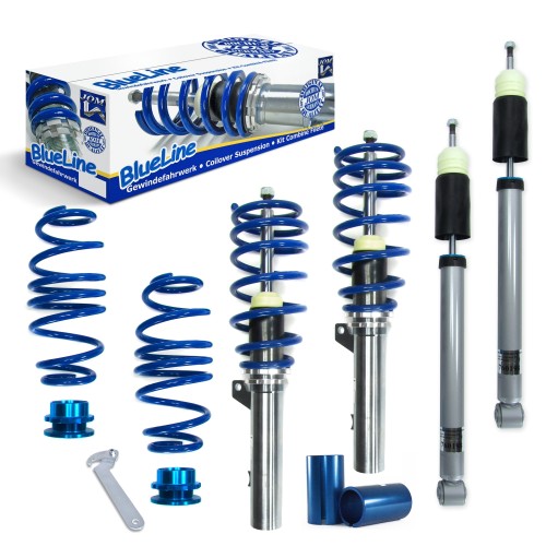 Suspension combiné fileté BlueLine Réglables - Amortisseurs filetés - Tuning Kit Complet - Qualité Allemande approprié pour Seat Leon/ ST (5F) 1.2 TSI/ 1.4 TGI/ 1.4 TSI, 2012-, (Achslast VA 965 kg) Que pour poutre de torsion arrière, Tuning Kit Complet - 