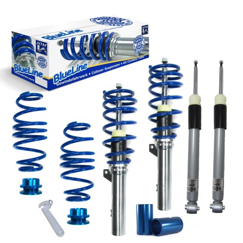 Suspension combiné fileté BlueLine Réglables - Amortisseurs filetés - Tuning Kit Complet - Qualité Allemande approprié pour Seat Leon/ ST (5F) 1.2 TSI/ 1.4 TGI/ 1.4 TSI/ 1.6 TDI/ 1.8 TFSI/ 2.0 TDI, 2012-, (Achslast VA 1080 kg) Que pour Arriére Multi-link,