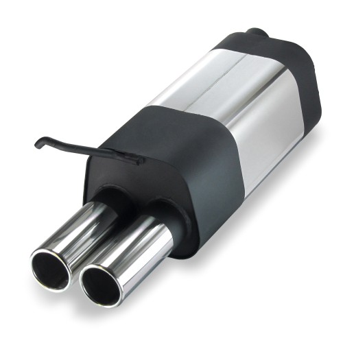 Edelstahl-Endschalldämpfer mit 2x 76mm Endrohren gerade passend für Audi A3 8L, VW Golf 4 1J, VW Beetle und Seat Leon 1M