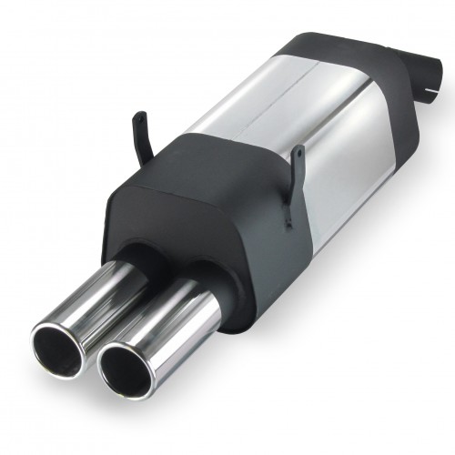 Edelstahl-Endschalldämpfer mit 2x 76mm Endrohren gerade passend für BMW 3er E36 320i-323i, 6 Zyl.