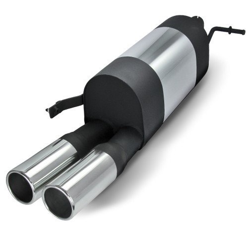 Edelstahl-Endschalldämpfer mit 2x 76mm Endrohren gerade passend für VW Polo 9N und 9N3