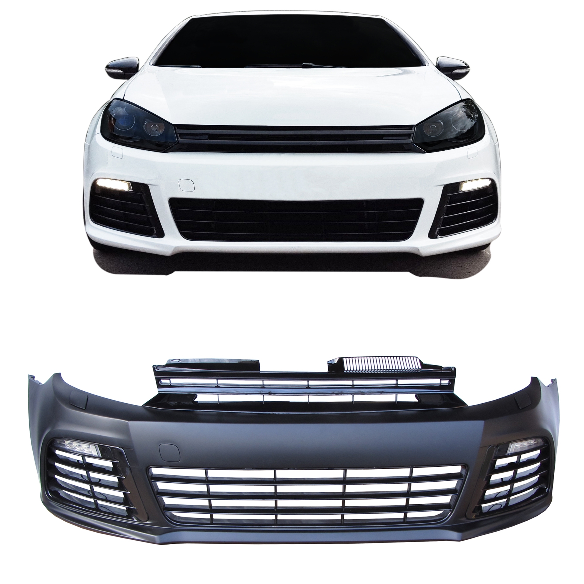 Front bumper in sports design with grill and daytime running lights  suitable for VW Golf 6