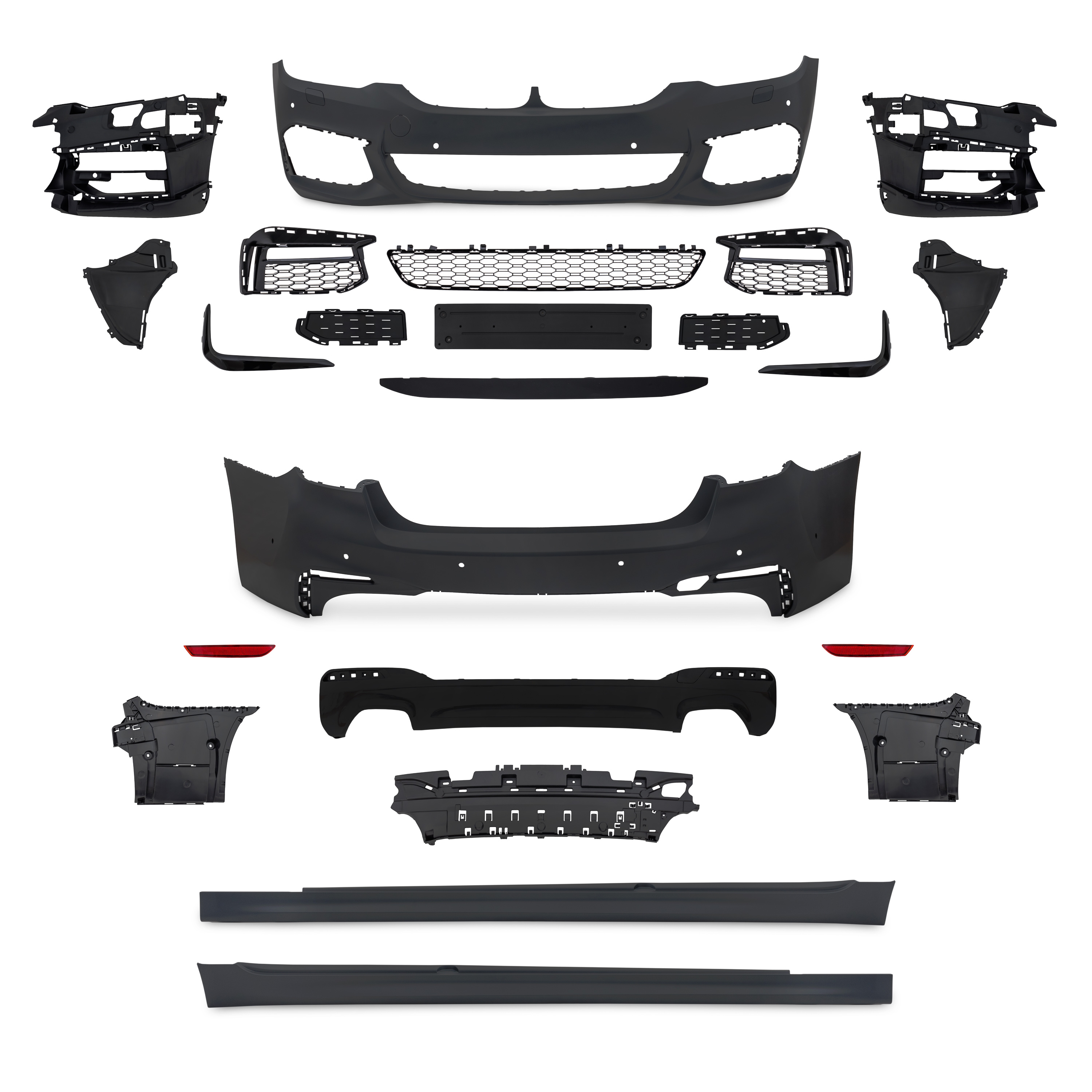 Stoßstangen Kit vorne und hinten im Sport-Design inkl. Seitenschweller mit  PDC-Bohrungen und SRA passend für BMW 5er G30 Bj. 2017
