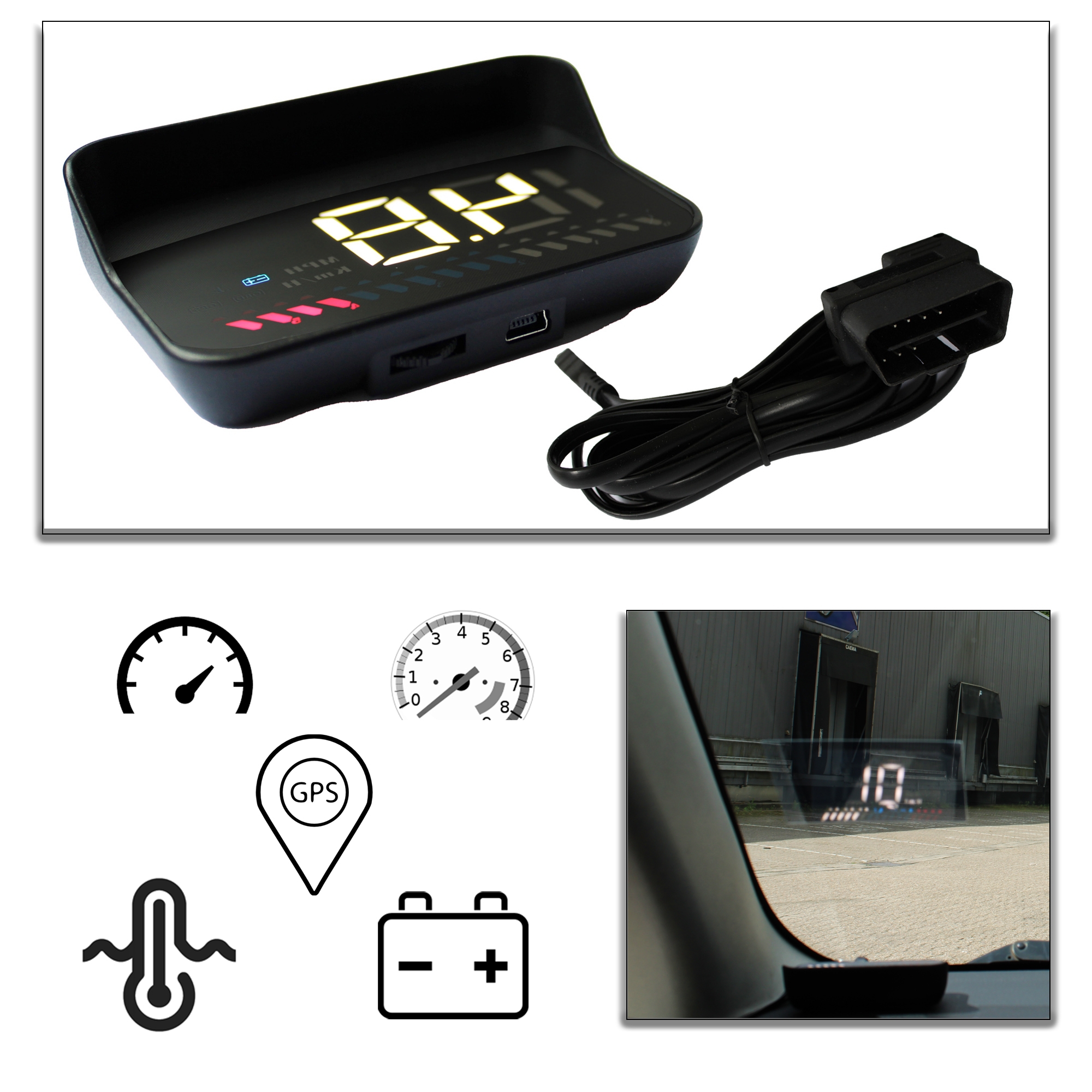 Auto Head Up Display, Digitale Anzeige: OBD 2 & GPS HUD  Geschwindigkeitsmesser, Drehzahlmesser, Batteriespannung, Wassertemperatur