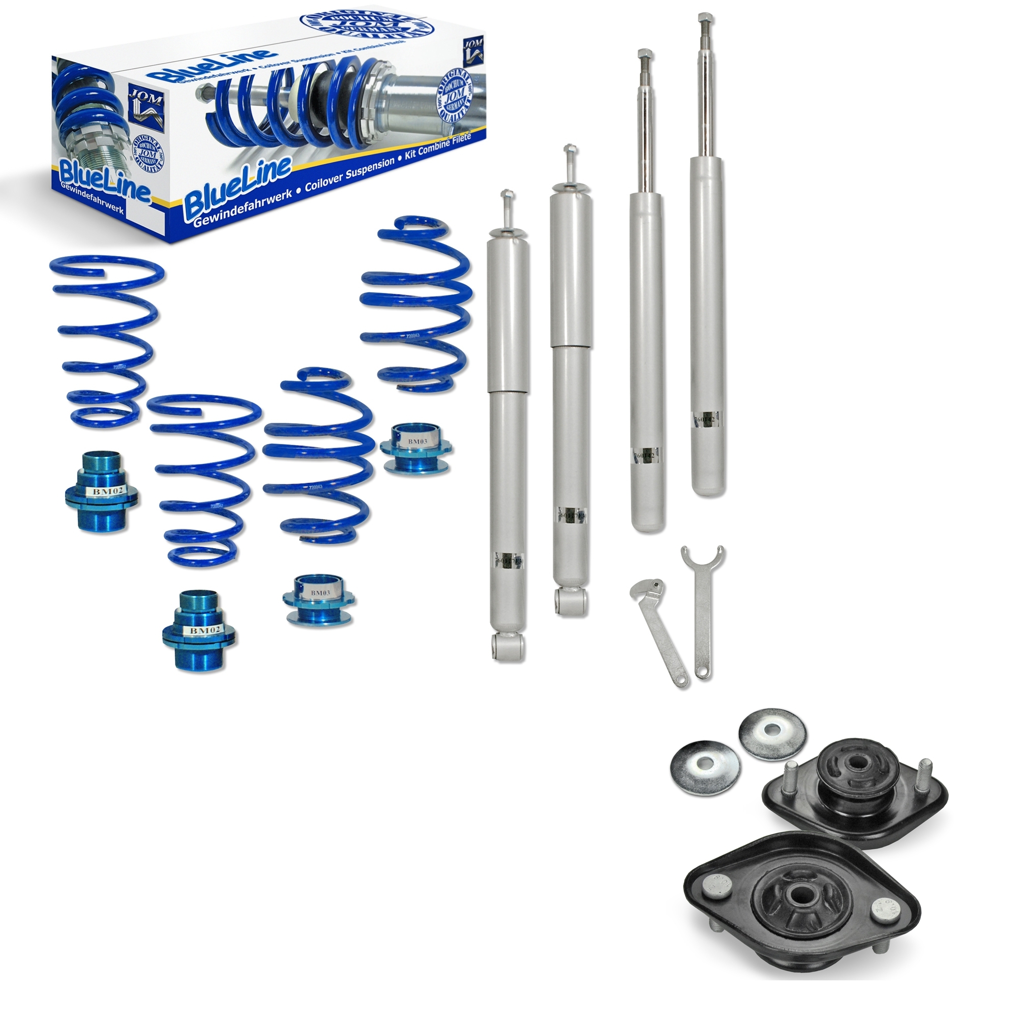 BMW BlueLine Coilover Kit with Domcap Set suitable for BMW 3er Cabrio (E30) 316, 316i, 318i, 320i, 323i, 325i and 324D / TD year 05.1986-05.1993