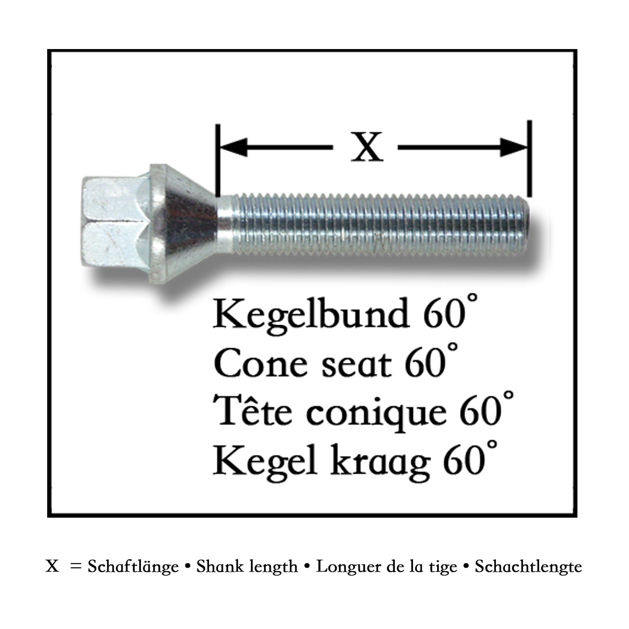 thumbnail image 2 of 20-Pack Tracer Wheel Bolts – M14x1.5, 28mm, Cone Waistband – Silver Zinc-Coated – For Mercedes A/B/C/CLA/CLK/CLS/E/GL – 20-KE141528 2 of 3