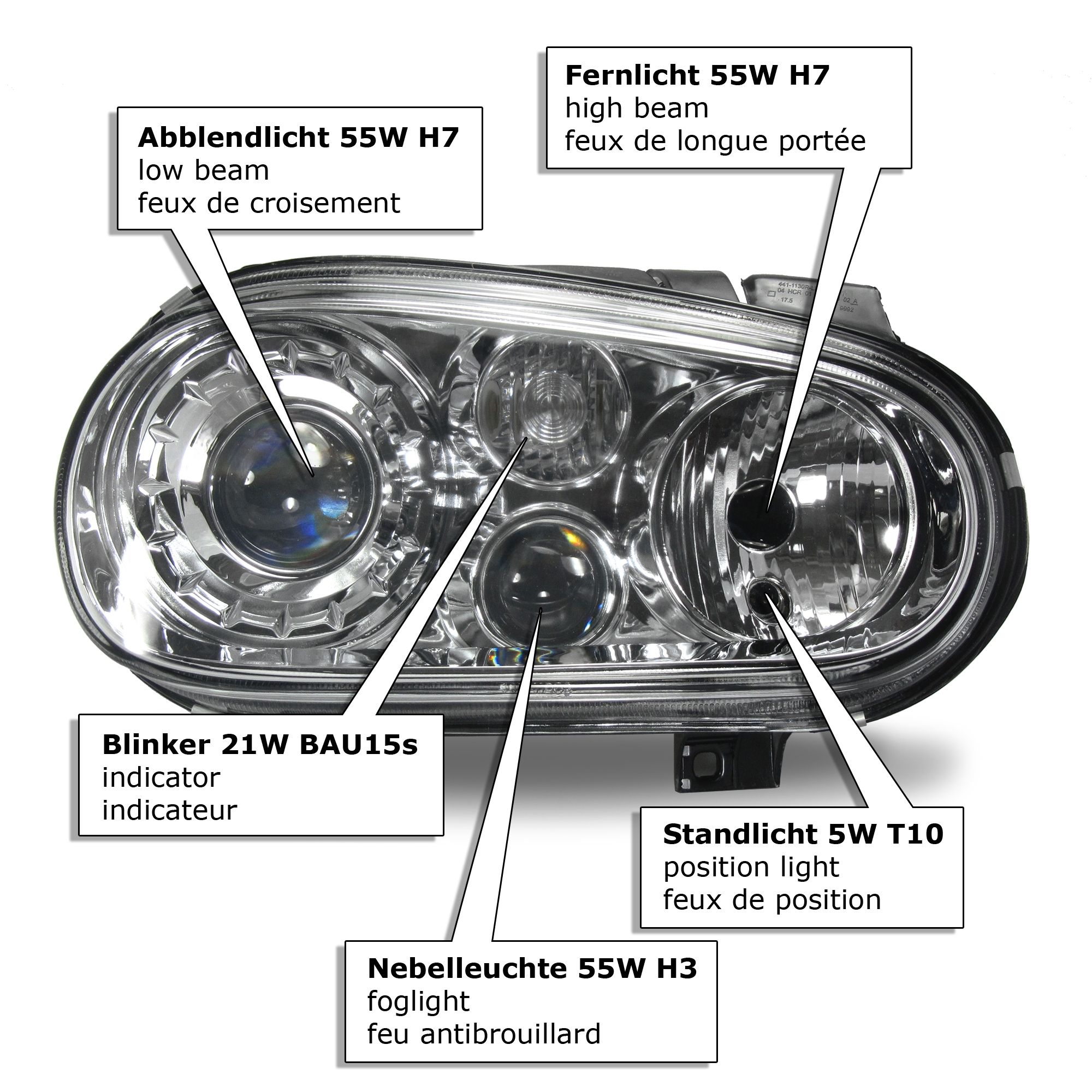 Scheinwerfer mit integrierten Nebelscheinwerfer, Blinker und LWR passend für VW Golf 4 Bj. 9803