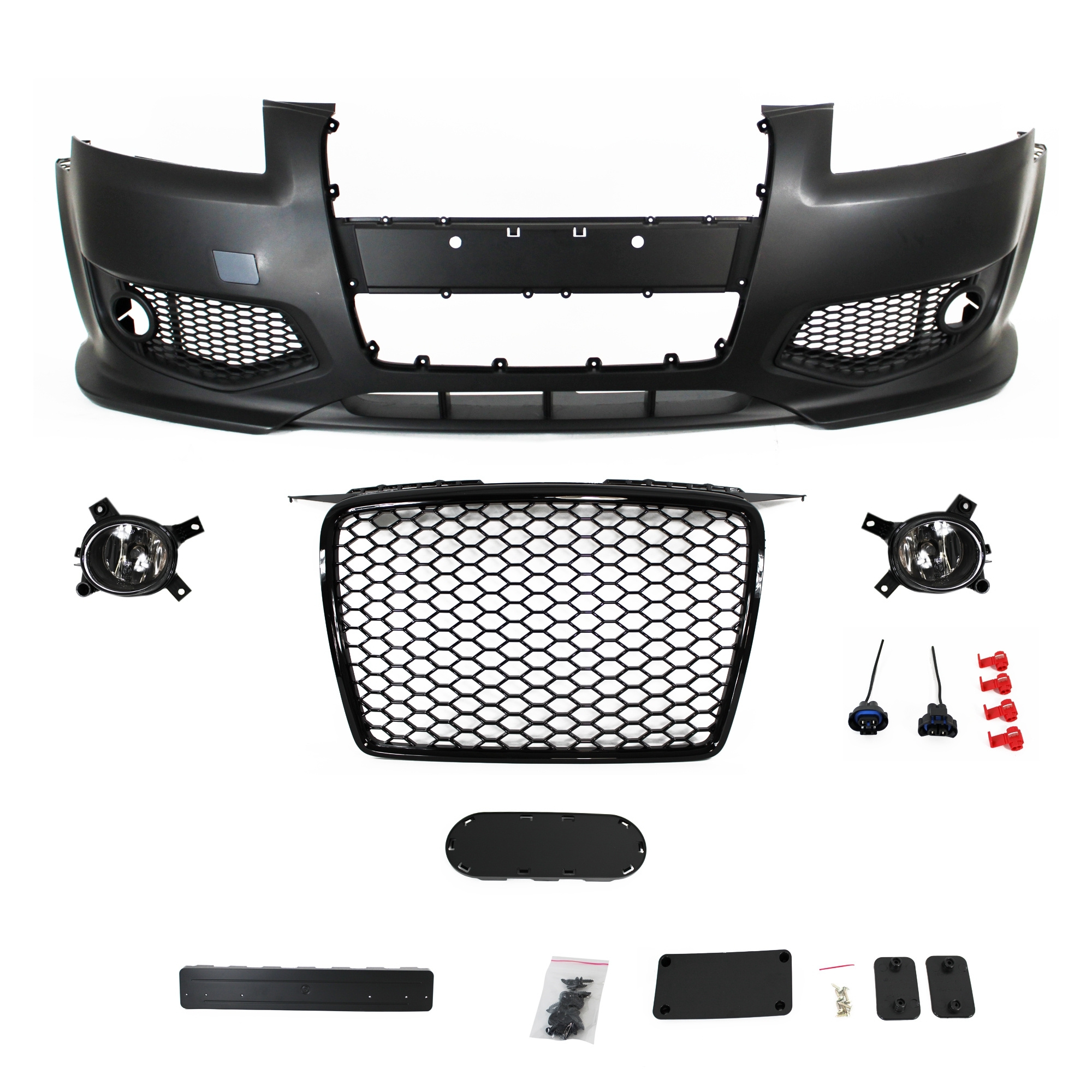 Audi Front bumper in sports design incl. black honeycomb grill, with fog light covers and foglights, tow hook cover you use the OEM one