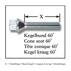 Wheel bolts, cone seat, M12x1,5 30mm, (10 pieces)