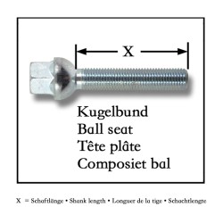 Kit de 10 Vis, Boulons, boulonnerie longue M 12 x 1,5 35 mm pour les cales d'élargissement de voie de roue, jante, boulonnerie Assise / collet sphérique - Qualité Allemande.